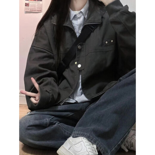 7 Hochwertige Arbeitsjacken für Männer und Frauen im Frühjahr und Herbst Neue Amerikaner Retro lässig losen Solid Color Männer und Frauen-Fliegerjacke Top SSQ-684 Schwarz L.