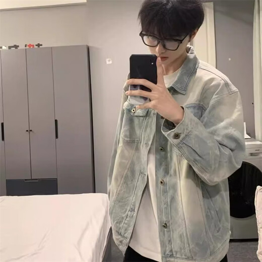 Yiran's jacket men's autumn and winter new style American high street distressed washed lapel trendy brand handsome loose versatile denim jacket for men light blue L recommended 105-125Jin Jin equals 0.5 kg