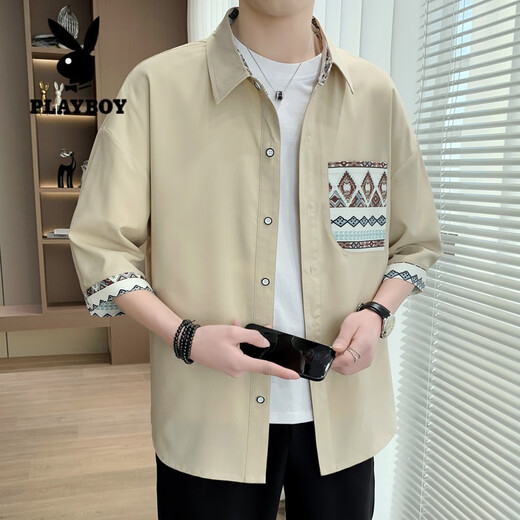 Playboy (Playboy) Camisa de manga corta a plazo) para la chaqueta de verano de los hombres Vacaciones de la marca Handsome Lazy Lazy Casual Seda de la manga de 7 trimestres 838 metros de blanco 3xl