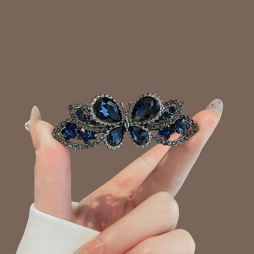 Case makeup Chinese Valentine's Day hairpin for women, elegant new style, high-end rhinestone mother hairpin, top clip on the back of the head, temperament spring clip, dark blue (7cm)