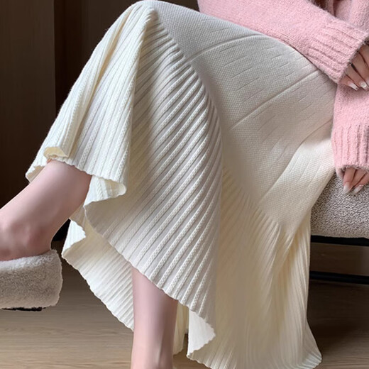 Little Elephant White Knitted Skirt Autumn and Winter 2025 New Pleated Skirt Skirt Winter Skirt A-Line Skirt Long Skirt for Short People Soft and Glutinous Pleated Knitted A-Line Skirt One Size