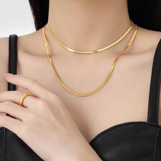 DL 1998 Fat Donglai same style 18k gold necklace snake bone chain K gold women's yellow l gold clavicle chain versatile simple gift for girls 18k gold flat snake bone necklace length 45 cm