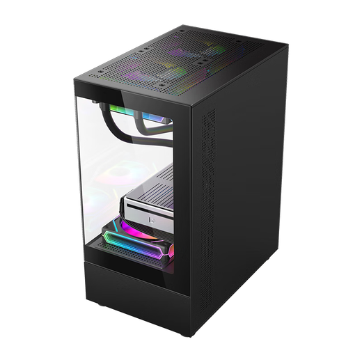 EVESKY 玄武MINI 无立柱海景房机箱 M-ATX主板/270°广角玻璃侧透 240水冷游戏电脑主机箱 支持4090显卡 玄武MINI-黑色+3个暮光炫彩风扇