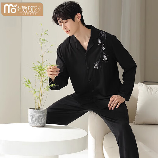 Modal Pyjamas Herren Frühling und Herbst reines Baumwoll-Langschläfen-Männer-Stil Plus Größe Chinesischer Stil Bambus Schwarz kann außerhalb von Heimbekleidungsset 753 3xl: Geeignet für Gewicht 180-200 Jin [Jin gleich 0,5 kg] geeignet sein]
