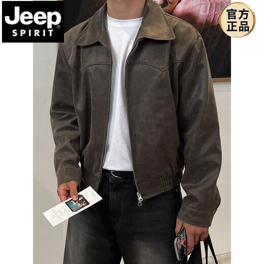 JEEP SPIRIT American retro short leather jacket for men in spring and autumn loose lapel jacket Korean style trendy high-end jacket for men old brown M