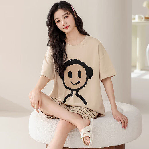 Fuxinkang-Paar Pyjamas Pure Cotton Shorts Shorts für Sommer Männer und Frauen Süßes und niedlicher Cartoon Großgröße kann außerhalb von Heimbekleidungsanzug AM-686 XL getragen werden-Frauen [High 165-170-Gewicht 120-140]