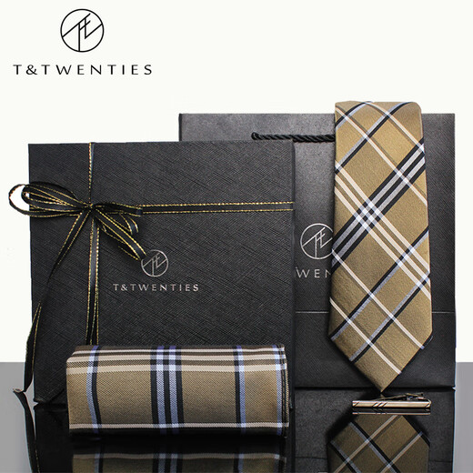 T&Twenties英伦格纹学院风男士领带真丝桑蚕丝复古格子棕色咖色咖啡色卡其色 领带+口袋巾+领带夹，三件组合2