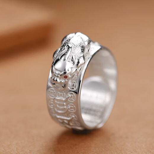 Lao Feng 999 pure silver Pixiu ring for men, domineering and lucky transfer ring, men's ring with adjustable tail ring opening, lucky Pixiu ring silver version, 999 sterling silver, about 11 grams