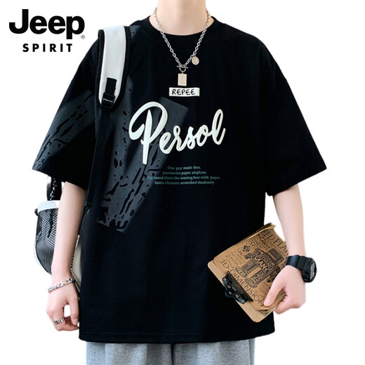 JEEP SPIRIT吉普短袖男夏季潮牌字母印花圆领半袖美式休闲男士落肩袖宽松T恤 693白色 M 约80-100斤可穿
