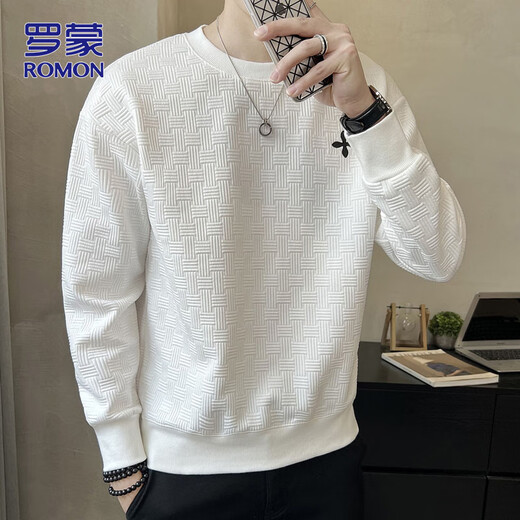 ROMON sweatshirt men's autumn and winter casual long-sleeved T-shirt men's bottoming shirt versatile top men's clothing white XL
