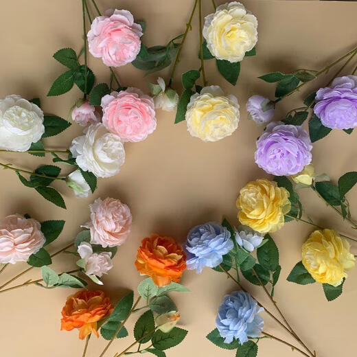 Simulated 3-head peony wedding flower arrangement rose flower sea wedding layout fake Brazilian roses arranged on the ground to lead silk flowers rose pink