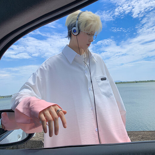 NYING gradient long-sleeved shirt for boys 25 spring and autumn new American trendy brand handsome lapel casual loose shirt jacket gradient pink XL (125-145Jin Jin equals 0.5 kg)