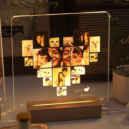 Cadre d'image Yuhua [9214 personnes collectez] [Personnaliser à partir de l'image] Cadre photo acrylique lumineux pour la table, anniversaire, forme de coeur (base de plug-in filaire) boîte cadeau haut de gamme + emballage de sac cadeau