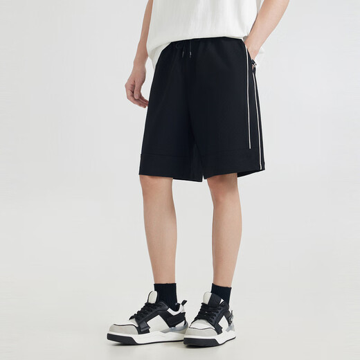 CABBEEN jacquard texture loose casual shorts men's 2025 summer high elastic sports five-quarter pants versatile and breathable coal black 01 S /165/46