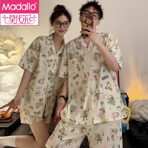 莫代尔简约情侣睡衣女夏季纯棉短袖短裤家居服派大星男士夏天薄款套装 687#派大星 L 女 (建议105-125斤)
