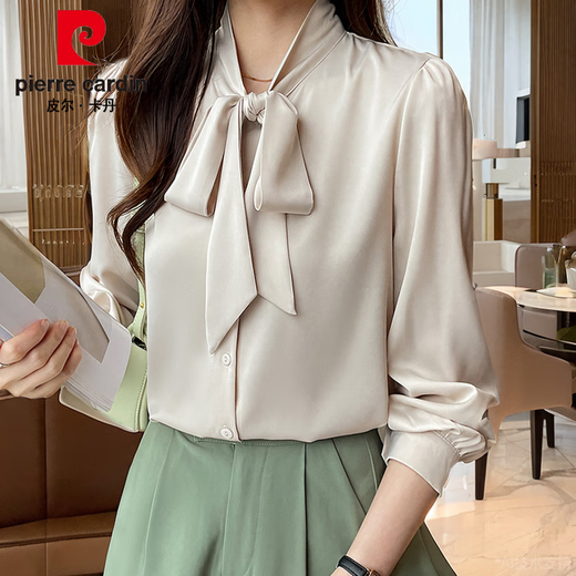 皮尔卡丹（pierre cardin）杭州真丝衬衫女长袖春装新款法式蝴蝶结衬衣感抗皱桑蚕丝上衣 蓝色9276款 S :80-95斤