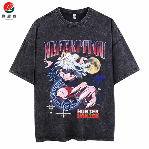 
Jueslang animation full-time hunter hunter x hunter retro old summer cotton washing short-sleeved T-shirt for men and women washing black B1301 XL