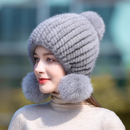 Yinghui Fur Hat Women's Winter Casual Mink Hat Korean Style New Warm Fox Fur Ball Mink Fur Ear Protection Hat Light Khaki One Size Elastic