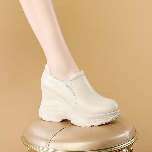 Fanjiang first-layer cowhide small person wedge-heeled genuine leather women's shoes spring and autumn new versatile height-increasing small leather shoes thick-soled deep-mouth single shoes black 36