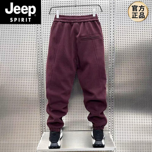 JEEP SPIRIT Autumn and Winter New Korean Style Velvet Leg Sports Pants Men's Thickened Casual Pants Youth Solid Color Harem Pants Burgundy Style Velvet 3XL (150-170Jin Jin is equal to 0.5kg)