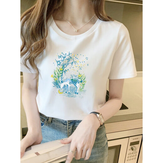 Pingedi new cotton high-end short-sleeved T-shirt women's loose and versatile fashionable printed white T-shirt summer 2025 new top Z-9793 white XL (recommended 120-135Jin [Jin equals 0.5 kg])