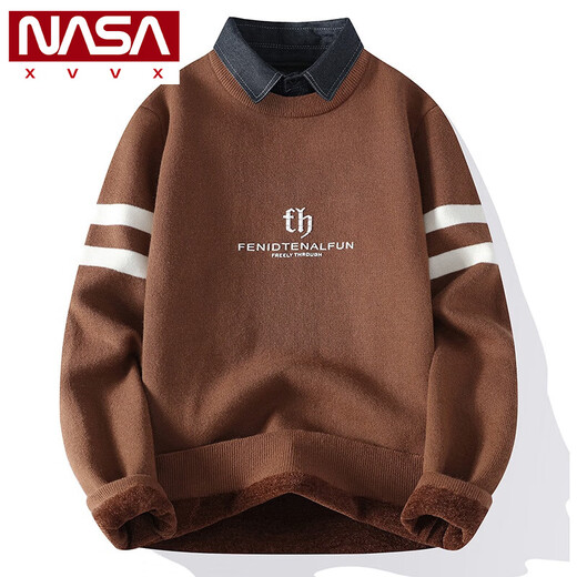 
NASA XVVX Fake Two-Piece Sweater Men's Autumn and Winter Shirt Collar Knit Sweater Men's Striped Color Blocking Bottom Shirt Warm Autumn Clothing M9855 MW XL About 125-140Jin [Jin equals 0.5 kg] Can be worn