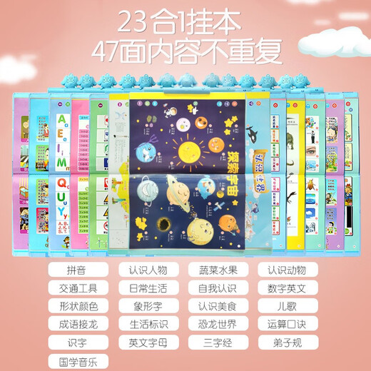 Duoduozi Enfants chinois et anglais Point Lire l'éducation précoce L'illumination des Lumières audio accroche Livre littératie Rechargeable Machine d'apprentissage Toys 43 faces Livre suspendu avec clip et pinceau de câble de données +