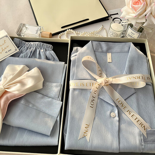 亚慕兰送妈妈闺蜜女朋友三八节礼盒装生日礼物女士睡衣春秋款冰丝家居服 非礼盒-【送眼罩】6623浅蓝 M