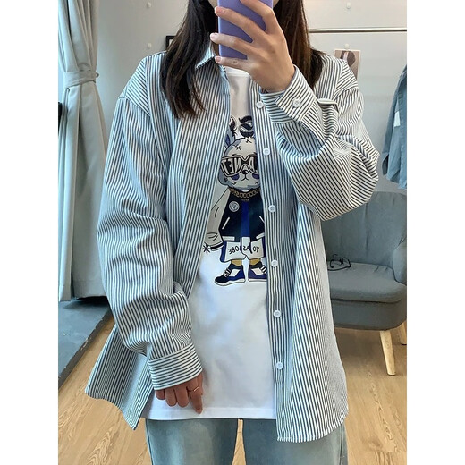 Digada retro striped long-sleeved shirt men's spring, autumn and winter new shirts for men and women, casual loose cardigan jacket ZSFS-C51 black L