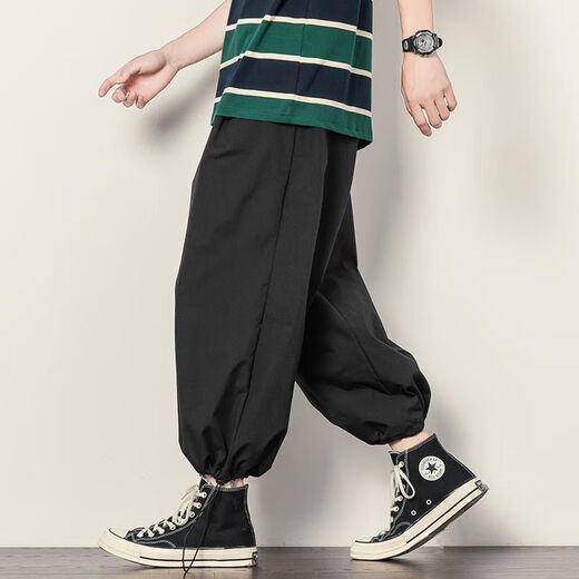 tzbt summer thin bloomers Japanese large-size wide-leg loose casual pants fat drawstring ties men's harem pants 008 lantern black gray*.* two-piece package 5XL Recommended [180-200Jin[Jin equals 0.5 kg]]