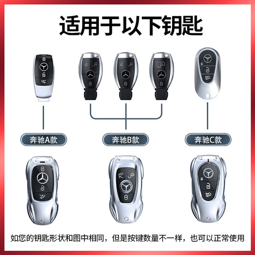 奔驰钥匙套E300L车C260L扣GLC壳A200L包C200男GLS女GLB适用GLE350 奔驰A款时尚银+盾牌钥匙扣
