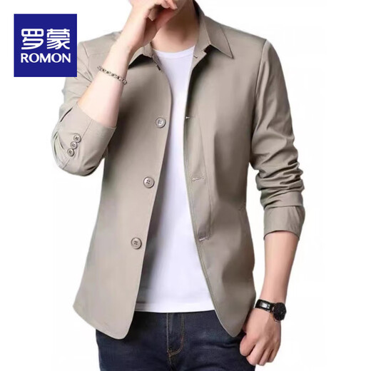 罗蒙（ROMON）春秋季男士商务休闲夹克西装中青年纯色翻领薄款韩版修身风衣外套 浅灰色1048 M 【建议98-118斤】