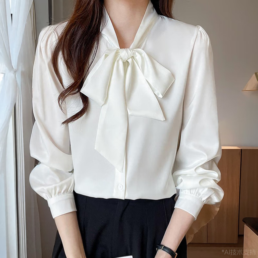 Finidongjue European French White Shirt Frauen langärmelte Bogen Chiffon Top Spring- und Herbst-Neutemperament Streamer-Basishemd Blau 9276 S _80-95jin [Jin ist 0,5 kg]