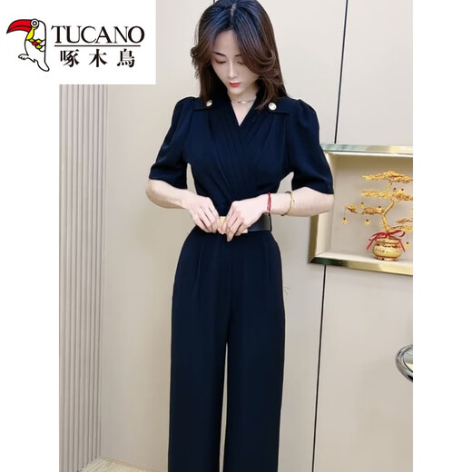 Woodpecker Internet Celebrity Fashion Jumpsuit für Frauen 2025 Sommer neuer schwarzer V-Ausschnitt Puffhülle Slimming-Jumpsuit WH2601# Black [Version] M Vorschlag 95-105Jin [Jin ist gleich 0,5 kg]