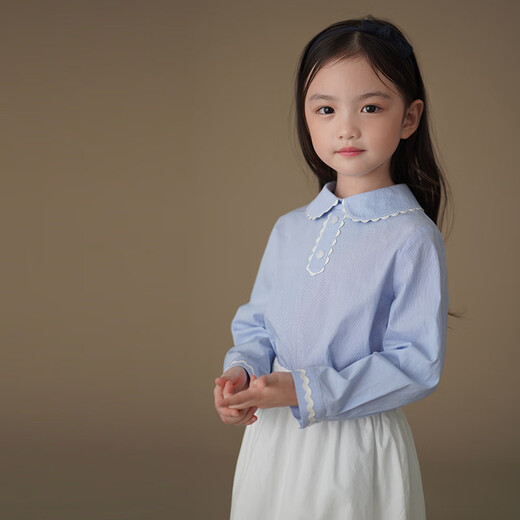 Hajihaji children's clothing spring and autumn children's long-sleeved tops blue skin-friendly cotton striped shirts girls small shirts medium and large children blue 170