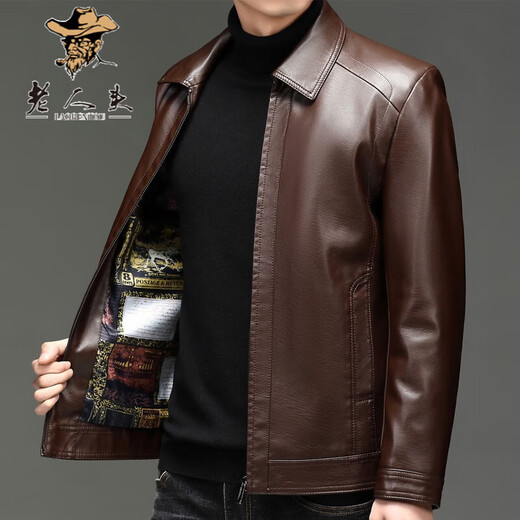 Old man's head (LRT) leather jacket autumn and winter middle-aged jacket men's leather jacket business casual dad wear plus velvet thickened warm stand-up collar leather jacket FE1755 black regular M 170