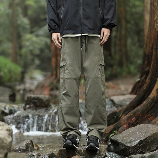 Homlean American outdoor work pants men's spring and summer loose wide-leg functional straight waterproof long trousers HT02 military green XL