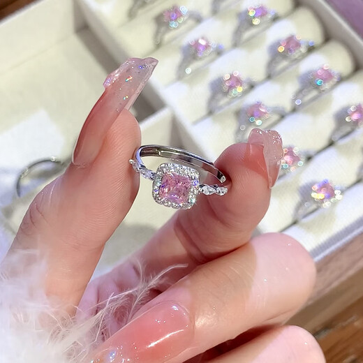 Hua Youxin Persimmon s925 silver ring female pink diamond small sugar cube ring female niche design high-end plain ring ring open index finger ring pink diamond small sugar cube ring