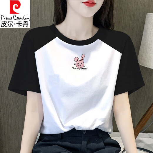 Pierre cardin retro raglan women's short-sleeved T-shirt 2025 summer new pure cotton t-shirt design niche top fashionable and slim 1476 flower gray/rotto blue raglan short-sleeved (black XL