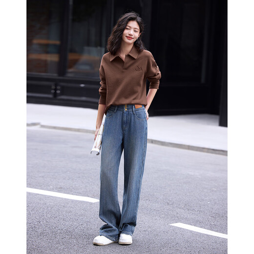 Demana polo collar sweatshirt winter style embroidered decoration casual versatile plus velvet sweatshirt for women brick coffee color L