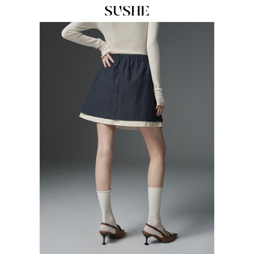 SUSHE Xunting retro movie-like cotton and linen stitching contrasting plaid jacket A-line skirt suit for women spring Qingming blue-skirt M