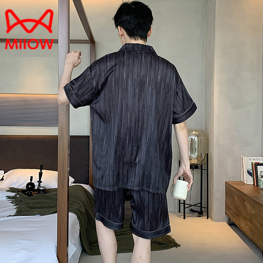 Catman (MiiOW) new men's pajamas summer short-sleeved pants solid color black summer thin boys ice real silk home clothing set G723 2XL (height about 180 and weight 150-175