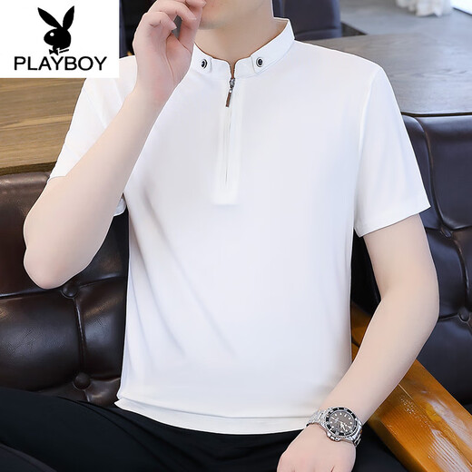 花花公子（PLAYBOY）纯色半拉链Polo保罗衫男士短袖夏季冰丝薄款立领T恤2025新款半袖 9921黑色 XL (约115~135斤可穿)