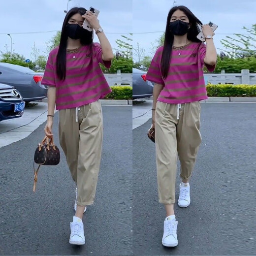 哈夫朵大码女装胖妹妹夏季套装女洋气显瘦条纹短袖T恤百搭休闲裤子女 1389火龙果上衣+裤子 【套装】 2XL 【建议130-145斤】