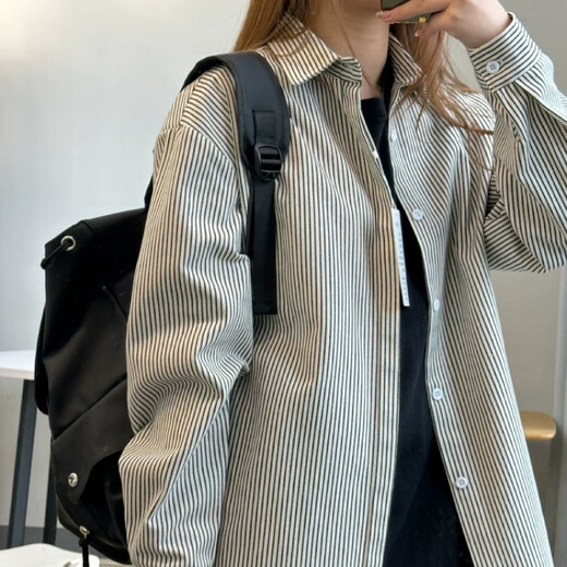 Digada retro striped long-sleeved shirt men's spring, autumn and winter new shirts for men and women, casual loose cardigan jacket ZSFS-C51 black L