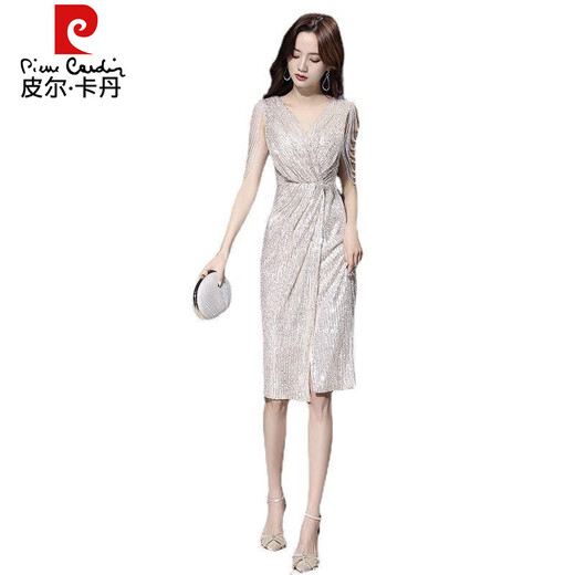 
Pierre cardin 2025 spring new champagne color small evening dress celebrity temperament banquet host dress can usually be worn light champagne color XS