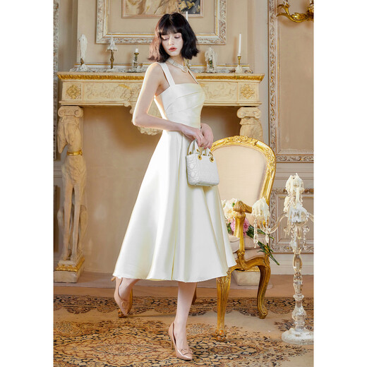 Satin mini dress, women can usually wear French style certificate dress, simple temperament, noble lady's high-end evening dress, white XS