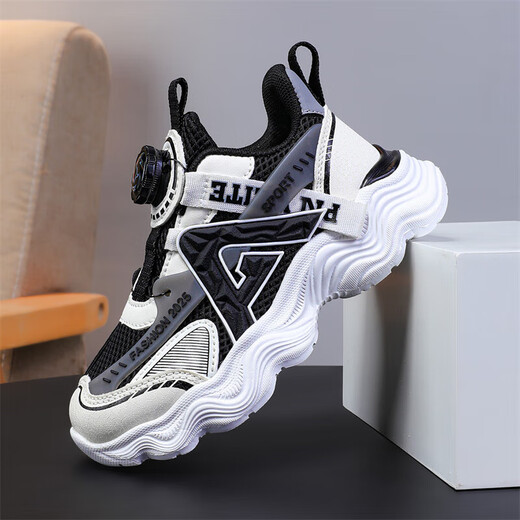 Kinderschuhe für Jungen- und Mädchenschuhe für atmungsaktive Sommer-Netzwerke mittelgroße Kinder Jungen Running Schuhe Nicht-Schlupf-Sportschuhe Schwarz und Weiß (Sommernetz) 683 33 Innere Länge 21,5 cm