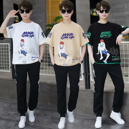 VZVG teenager short-sleeved T-shirt men summer high school junior high school handsome suit boy big children half-sleeved top fashion 9711 black (short-sleeved + pants) XL [110-130Jin [Jin equals 0.5 kg]]