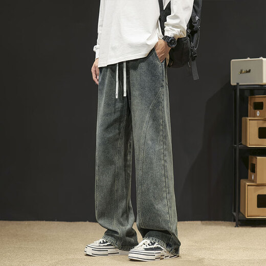 Foss Phil American fashion brand scimitar jeans men's summer thin straight loose high street casual sports wide-leg pants Fashion brand 718-K760 nostalgic blue regular XL [Suggested 145-160Jin [Jin equals 0.5 kg]]